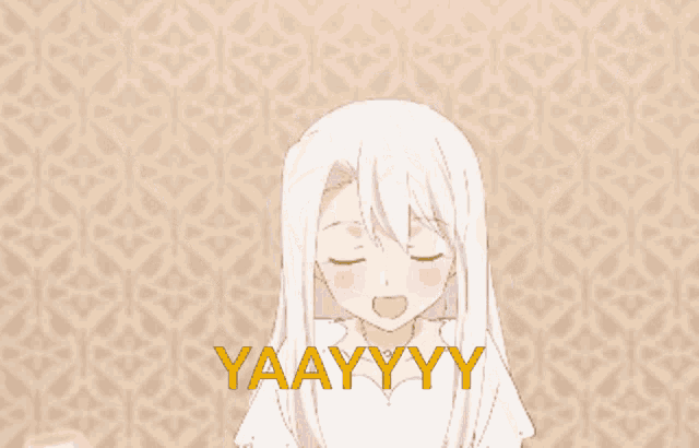 a girl with white hair says yaayyy in yellow