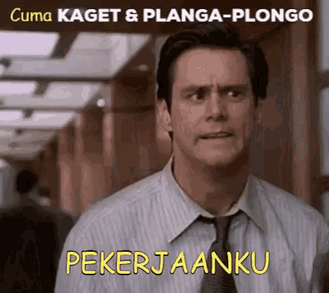 a man in a striped shirt and tie says " pekerjanku "