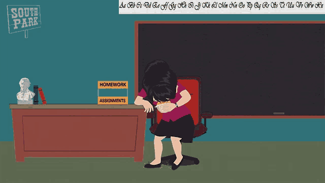 a cartoon of a teacher in a classroom with a sign that says south park