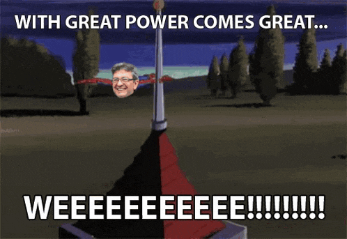 a cartoon of a man on a pole with the words " with great power comes great ... weeeeeeeee !!! "