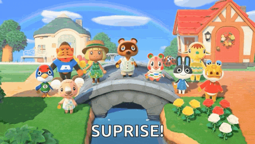 a group of animal crossing characters are standing on a bridge with the words suprise written below them