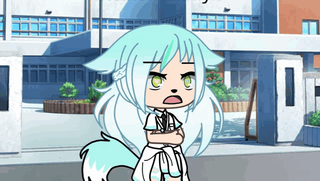 a cartoon character with white hair and green eyes stands in front of a building