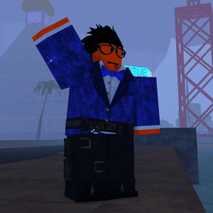 a cartoon character wearing a blue suit and glasses