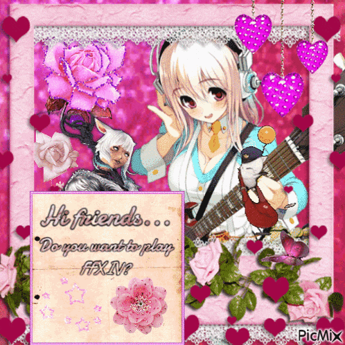 a picture of a girl playing a guitar with the words hi friends do you want to play ffxiv on the bottom