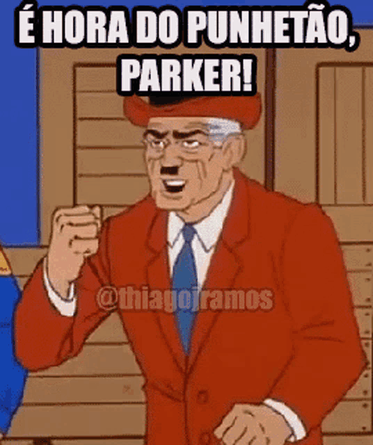 a cartoon of a man in a suit and tie giving a thumbs up and saying e hora do punhetao parker