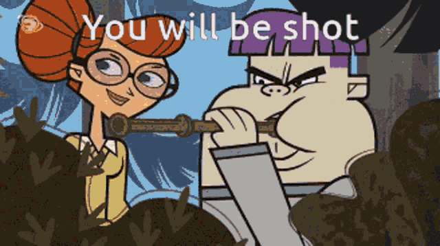 a cartoon of a man and a woman with the words you will be shot