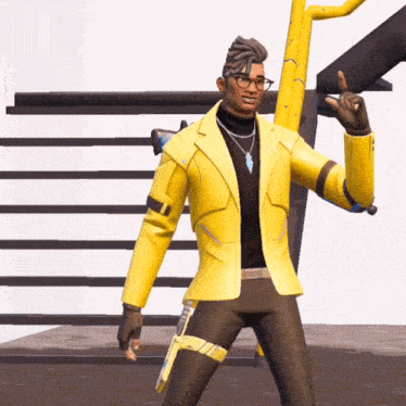 a man in a yellow jacket and brown pants holds up his finger