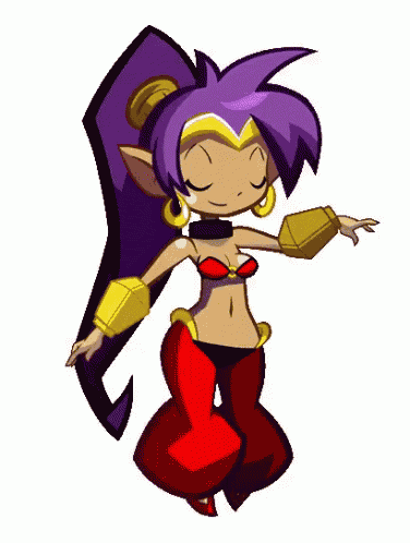 a cartoon girl with purple hair and red pants is dancing .
