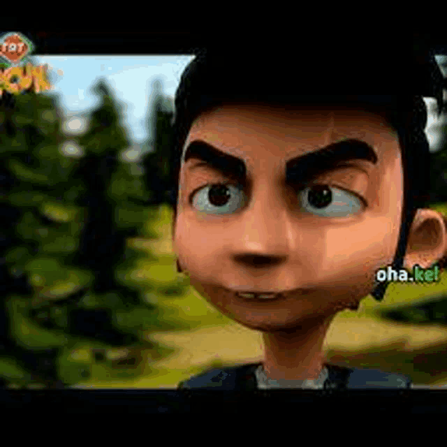 a cartoon boy with a beard is looking at the camera .