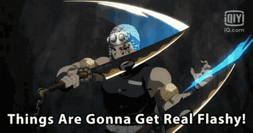 a cartoon character holding a sword with the words things are gonna get real flashy below him