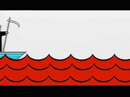 a cartoon of a man in a boat with a scythe in the water