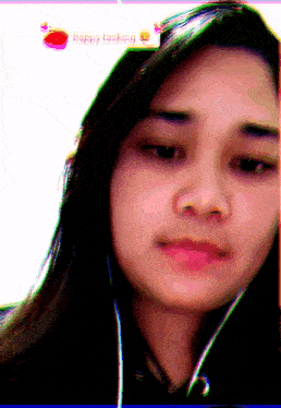a woman 's face is shown in a blurry photo with the words happy tasking in the upper right corner