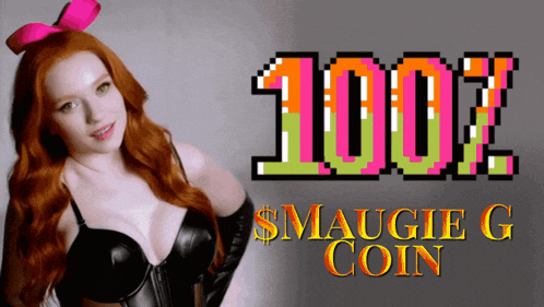 a woman with red hair is standing in front of a sign that says 100 %