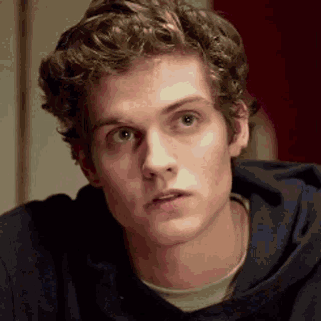 a young man with curly hair is wearing a blue hoodie and a green shirt .