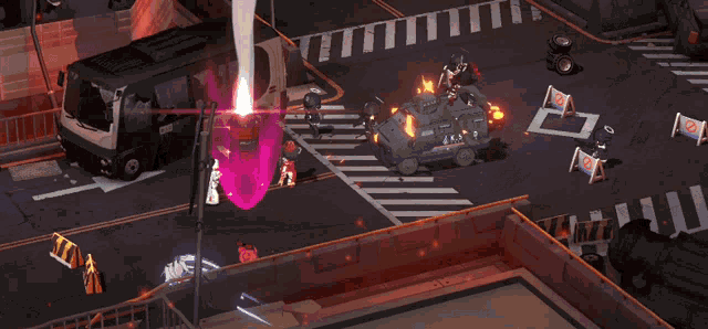a video game scene with a red explosion and a sign that says ' a ' on it