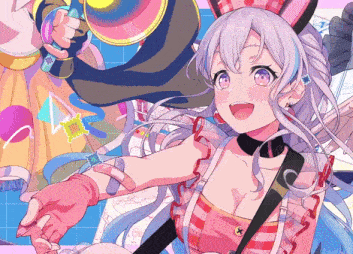 a girl with white hair and purple eyes is wearing a pink and red outfit
