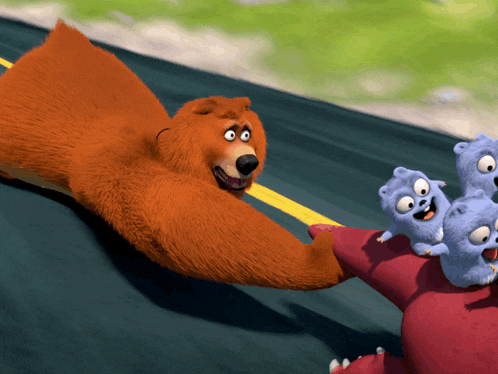 a cartoon bear is playing with a group of smaller bears