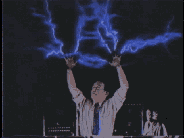 a man is standing in front of a blue lightning bolt