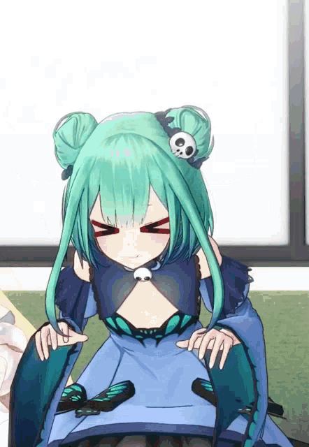 a girl with green hair and a skull in her hair