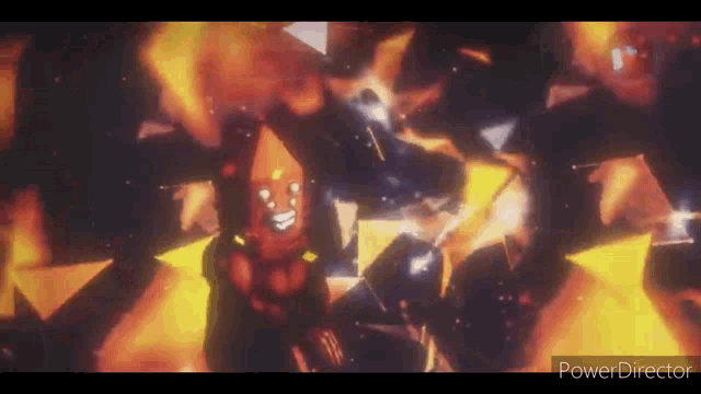 a cartoon character is standing in front of a fire and a star .