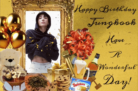 a birthday card with a picture of jungkook and the words happy birthday jungkook have a wonderful day written on it