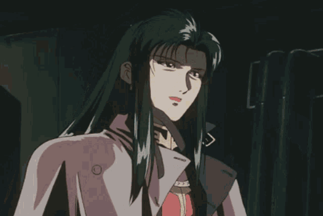 a woman with long green hair holds a sword in her hand