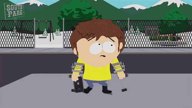 a cartoon of a boy with crutches and a sign that says south park