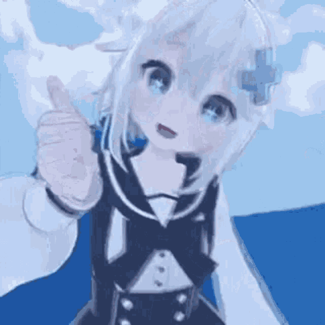a girl in a sailor suit is giving a thumbs up sign .