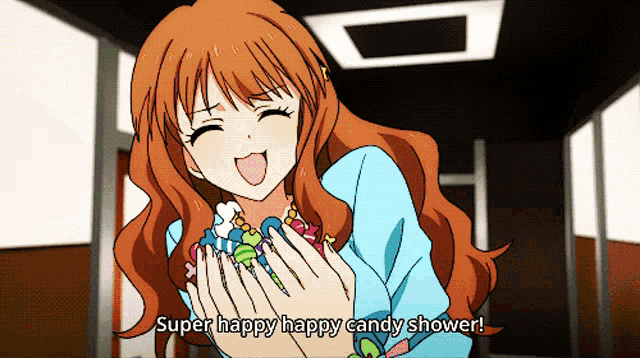 a girl in a blue shirt is holding a candy in her hands and says super happy happy candy shower