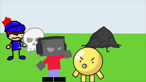 a group of cartoon characters standing in a field including a skull