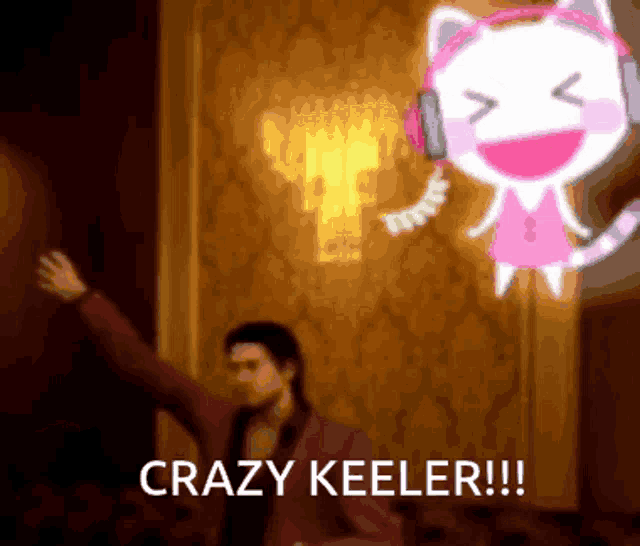 a man in a red suit is dancing in front of a pink cat wearing headphones and the words crazy keeler