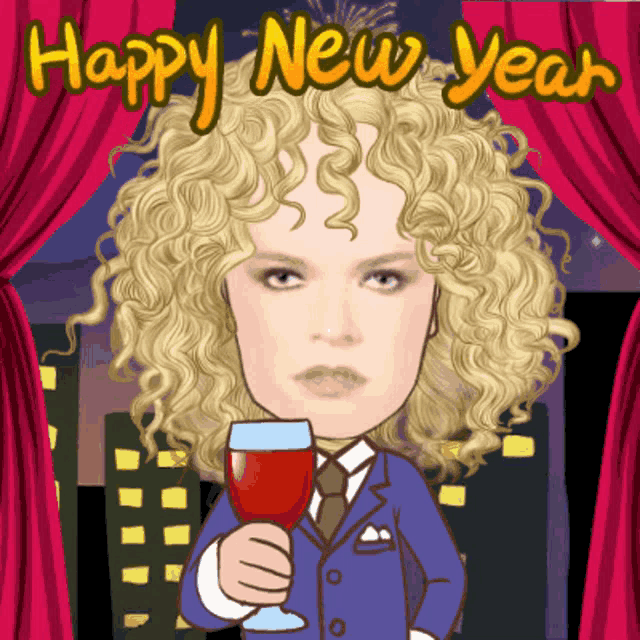 a cartoon of a woman holding a glass of wine with the words happy new year written on the bottom