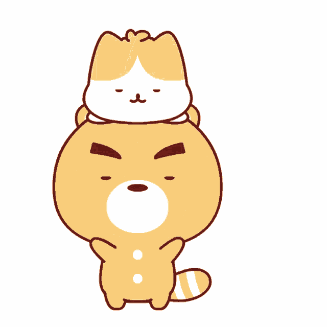 a cartoon of a bear with a cat on his head