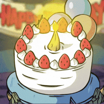 a birthday cake with strawberries and whipped cream on it