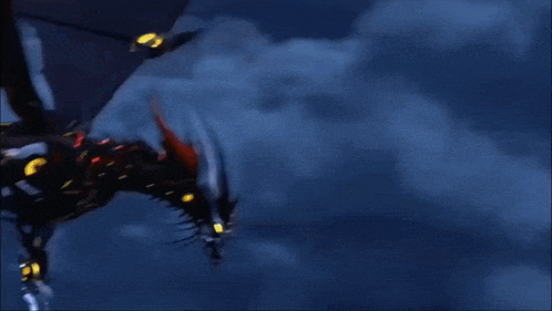 a dragon is flying through the air with blue lights coming out of it 's wings