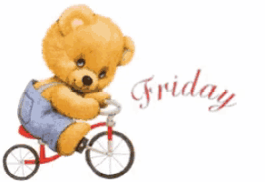 a teddy bear is riding a tricycle with the word friday written on the bottom