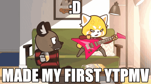 a cartoon of a red panda playing a guitar with the words made my first ytpmv