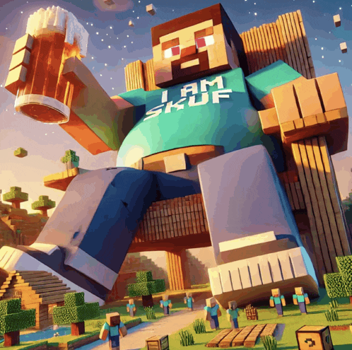 a giant minecraft character is wearing a shirt that says lam skur