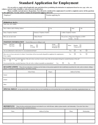 a standard application for employment form is filled out and ready to be submitted