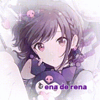 a girl with purple hair is holding a stuffed animal with skulls on it .