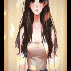 a girl with long brown hair is wearing a white tank top and blue jeans .