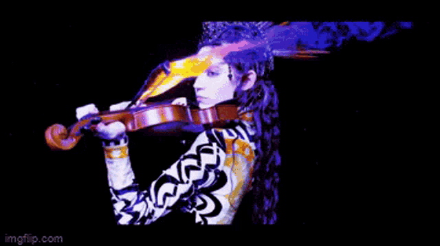 a woman is playing a violin in a dark room with imgflip.com written below her