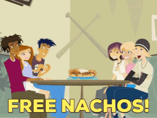 a group of people sitting around a table with the words free nachos written on the bottom