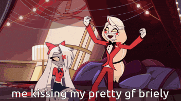two cartoon characters are sitting on a bed with the words me kissing my pretty gf briefly
