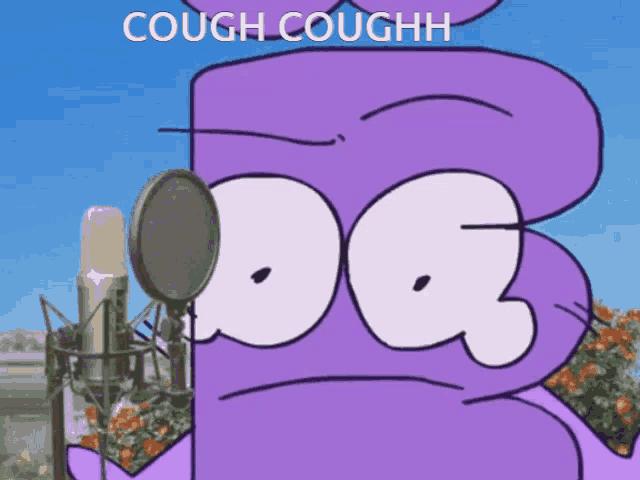 a purple cartoon character is singing into a microphone with the words cough coughh on the bottom