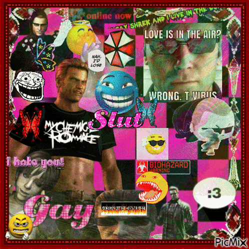 a collage of images including a man wearing a shirt that says mychemical romance
