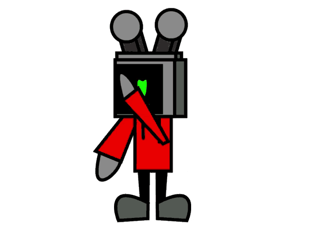 a cartoon drawing of a robot with a red shirt and green eyes