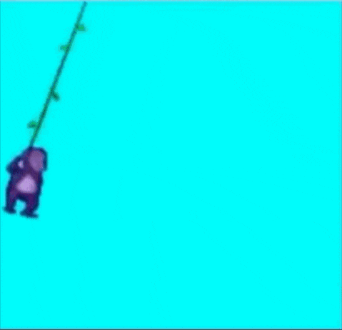 a purple gorilla is standing on a blue background and looking at the camera .
