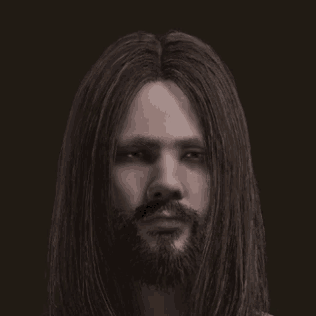 a man with long hair and a beard has a dark background