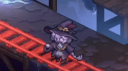a pixel art of a witch standing next to a wheelbarrow full of coal .